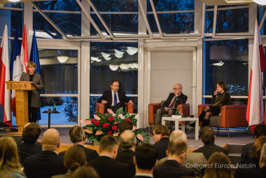 Vice-Rector Ewa Ośniecka-Tamecka; Minister Konrad Szymański, Mr Grzegorz Dobiecki, Minister Nathalie Loiseau